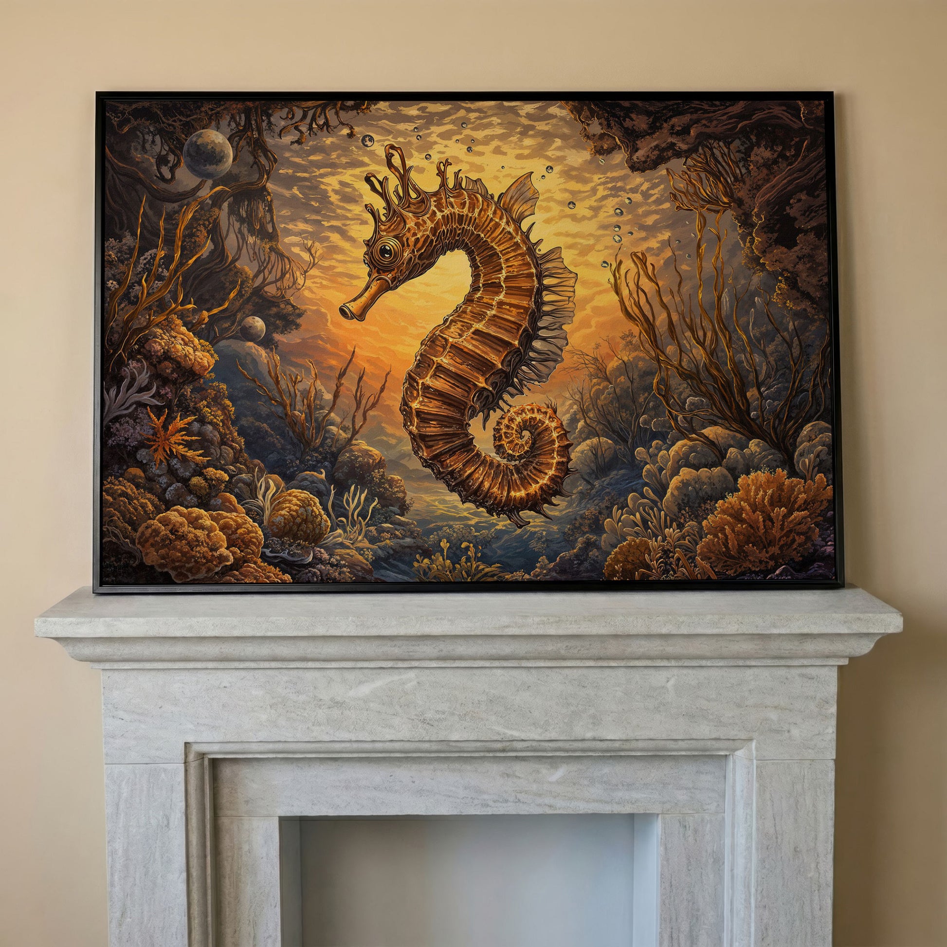 Seahorse and Coral Reef Underwater Scene Canvas Art in black floating frame