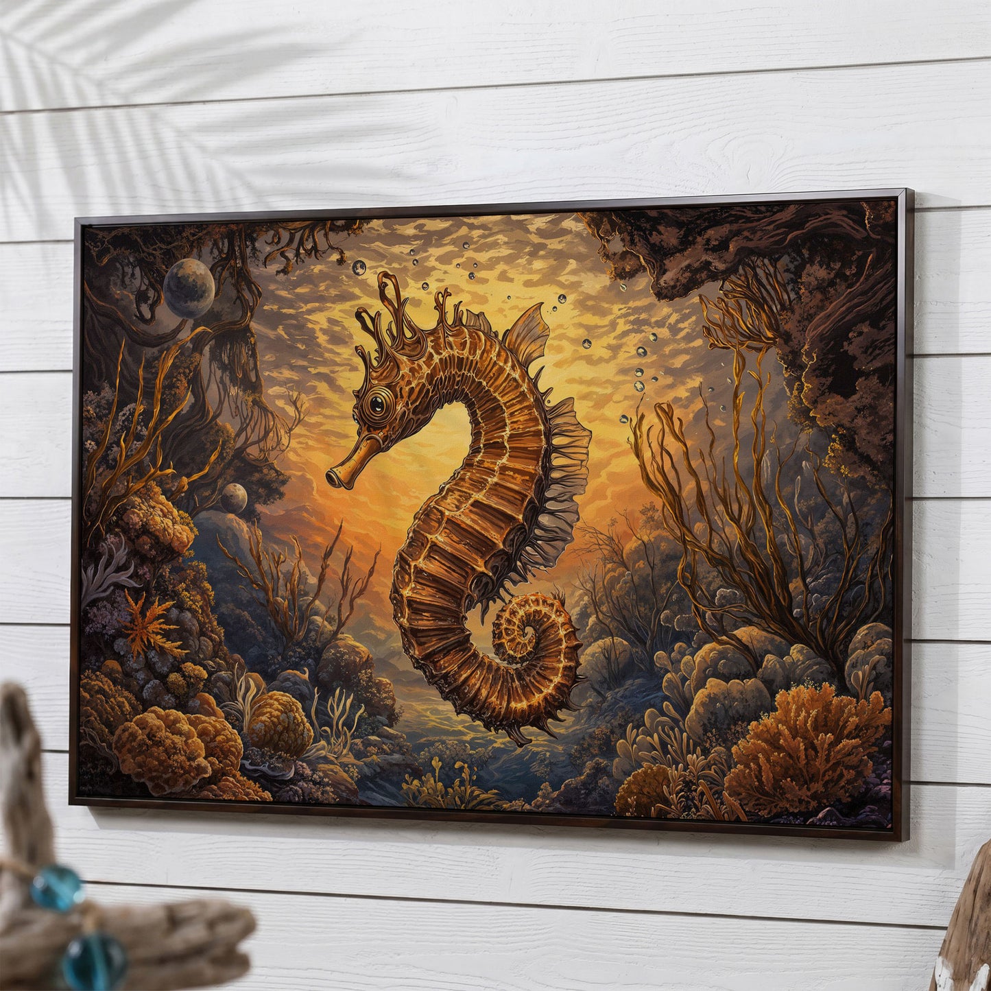 Seahorse and Coral Reef Underwater Scene Canvas Art in dark walnut floating frame