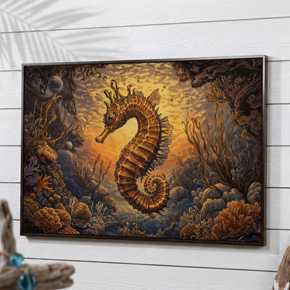 Seahorse and Coral Reef Underwater Scene Canvas Art in dark walnut floating frame