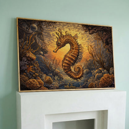 Seahorse and Coral Reef Underwater Scene Canvas Art in white oak floating frame