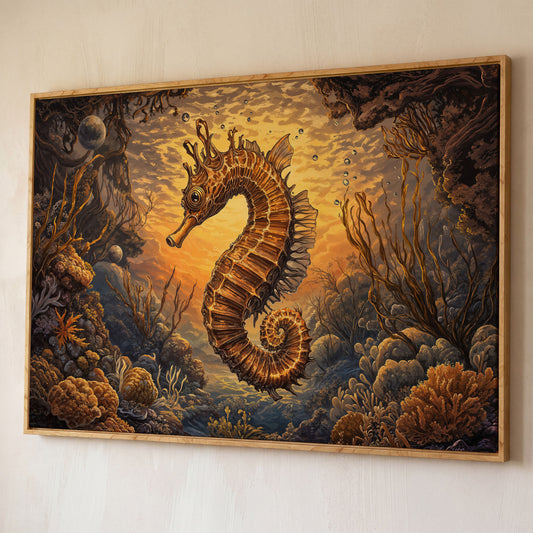 Seahorse and Coral Reef Underwater Scene Canvas Art shown in white oak floating frame