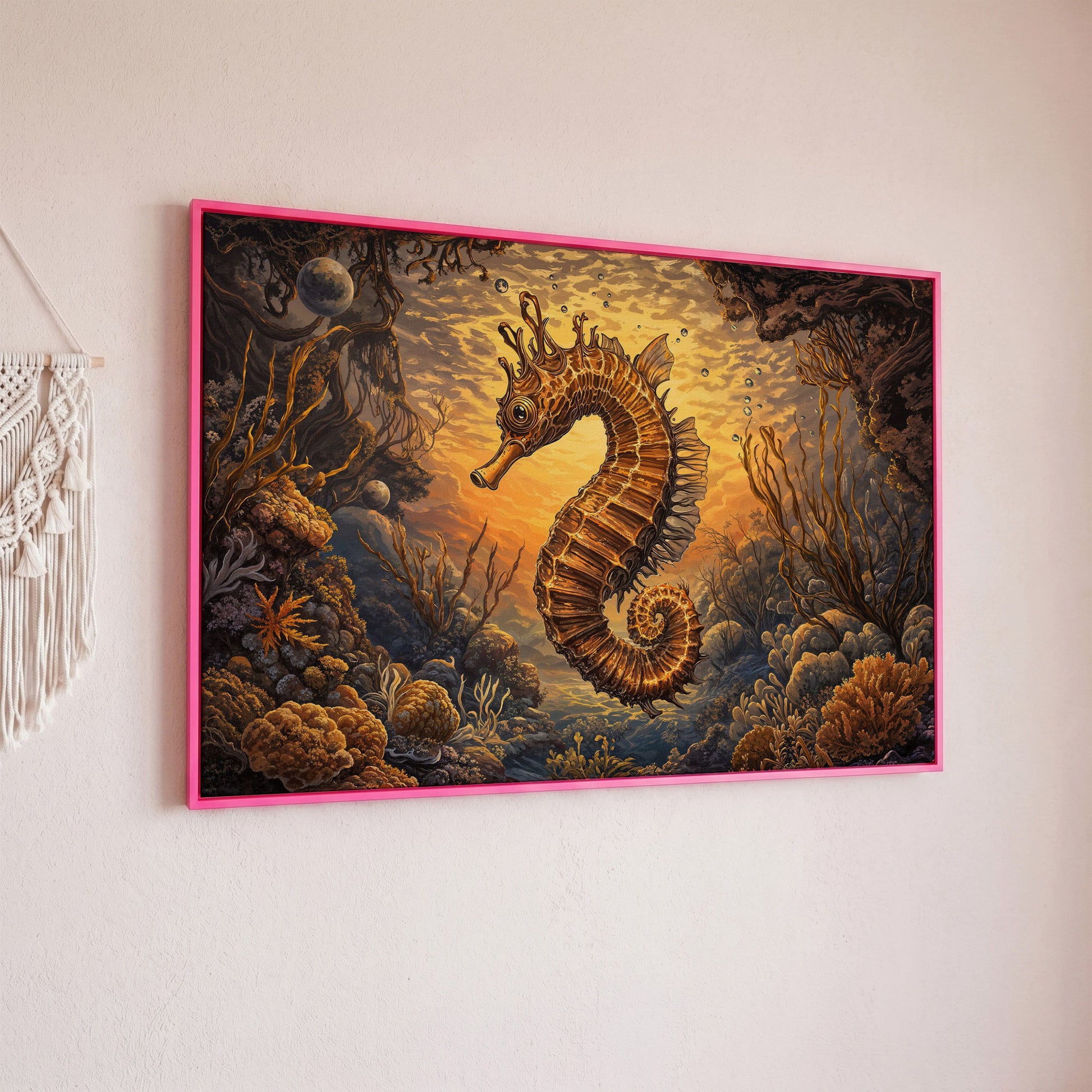 Seahorse and Coral Reef Underwater Scene Canvas Art in pink floating frame
