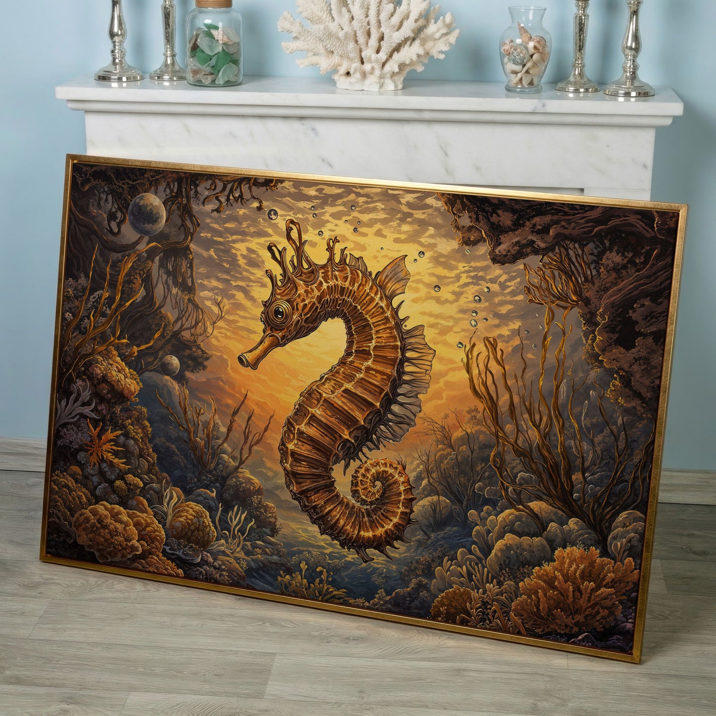 Seahorse and Coral Reef Underwater Scene Canvas Art in rose gold floating frame