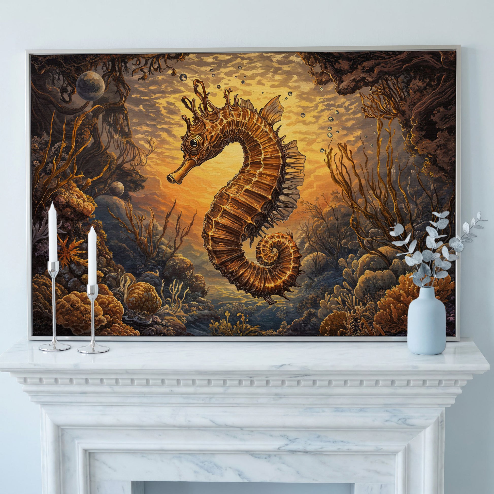 Seahorse and Coral Reef Underwater Scene Canvas Art in silver floating frame