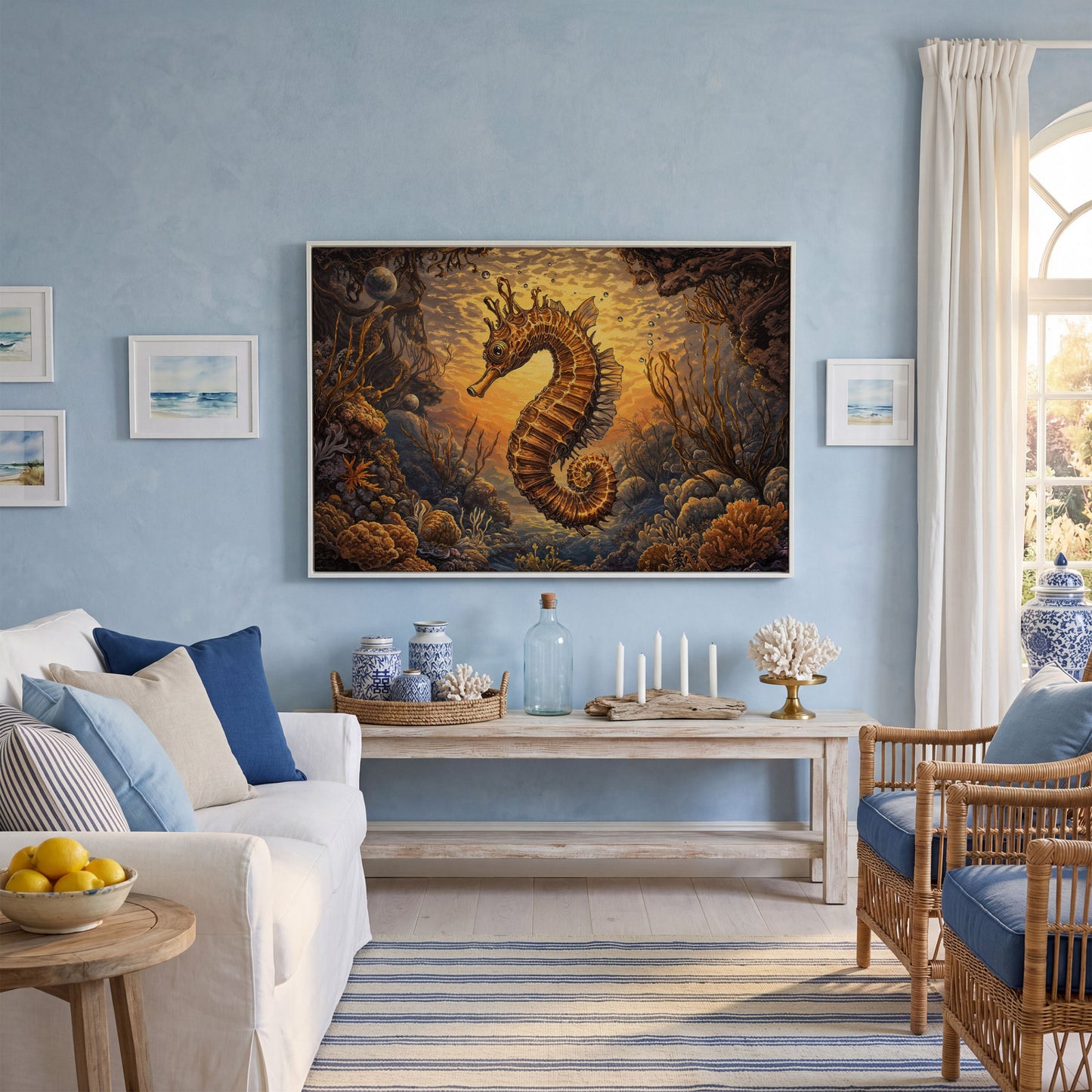 Seahorse and Coral Reef Underwater Scene Canvas Art in white floating frame