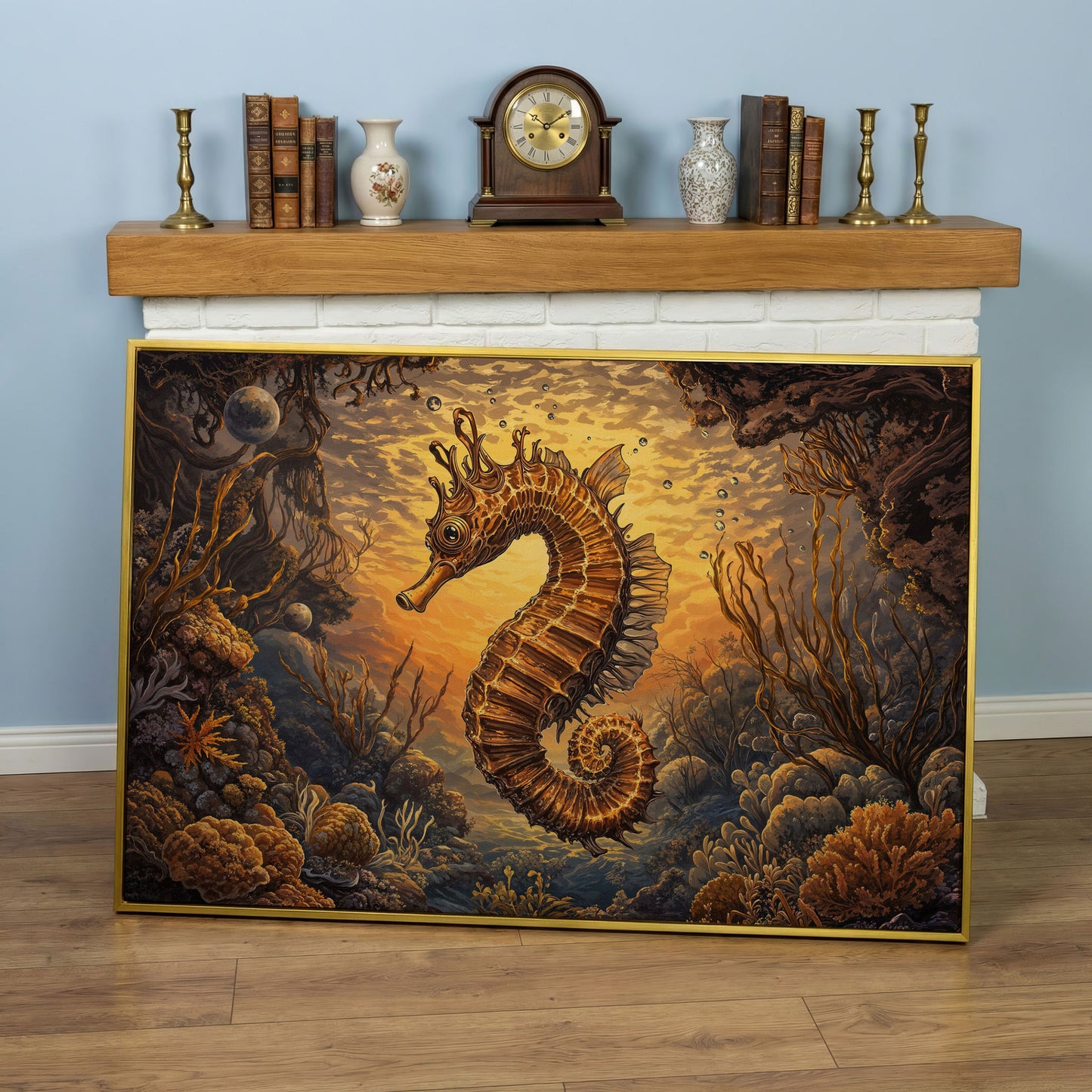 Seahorse and Coral Reef Underwater Scene Canvas Art in yellow gold floating frame