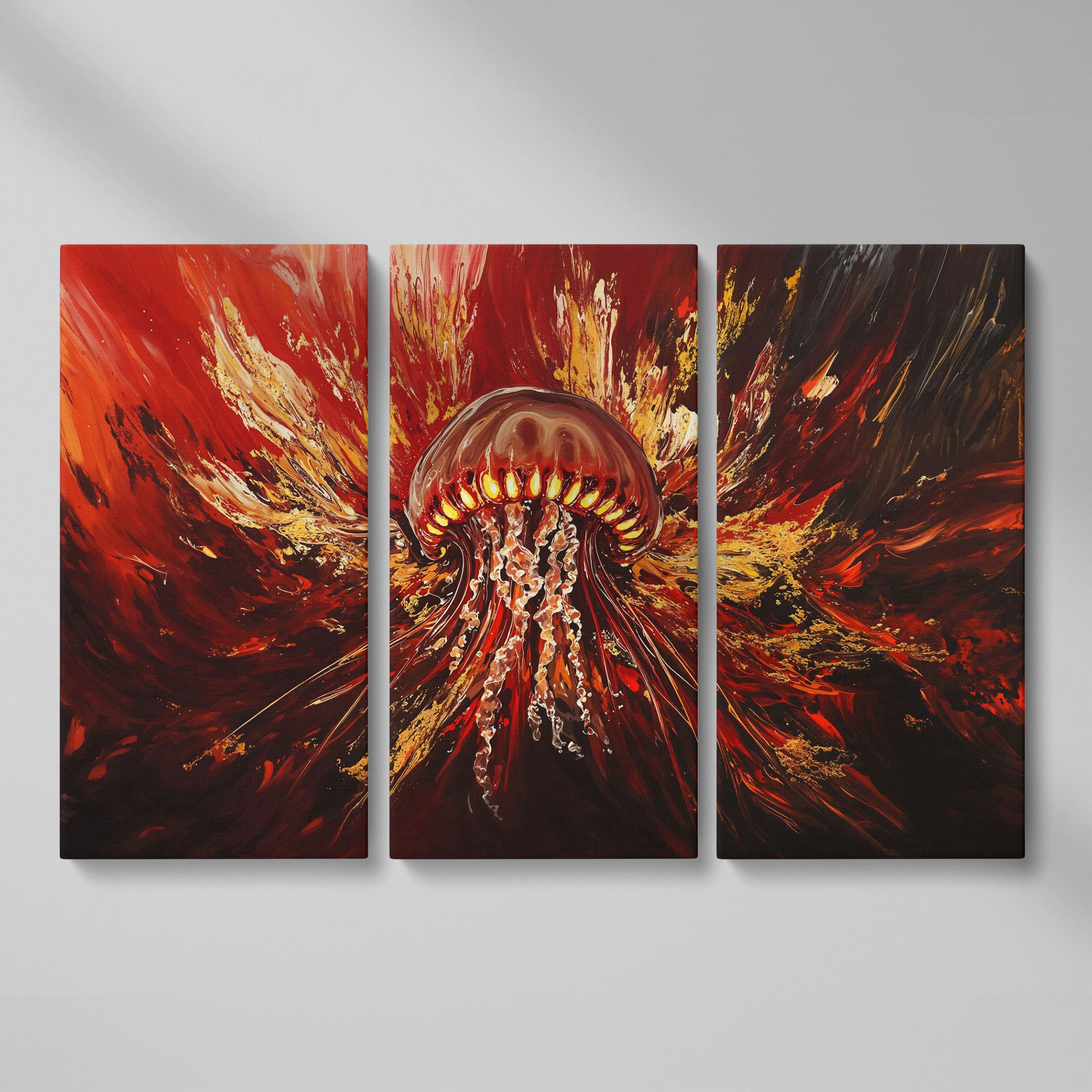 Abstract Jellyfish Canvas Art in Red and Gold as 3-panel split version