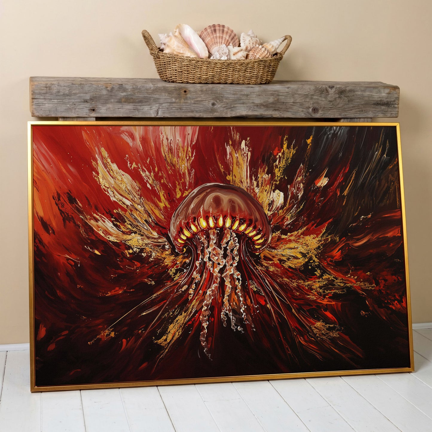 Abstract Jellyfish Canvas Art in Red and Gold in antique gold floating frame