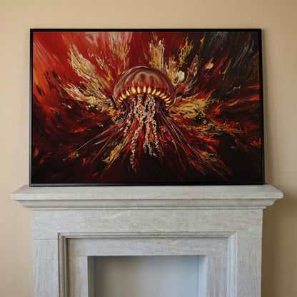 Abstract Jellyfish Canvas Art in Red and Gold in black floating frame