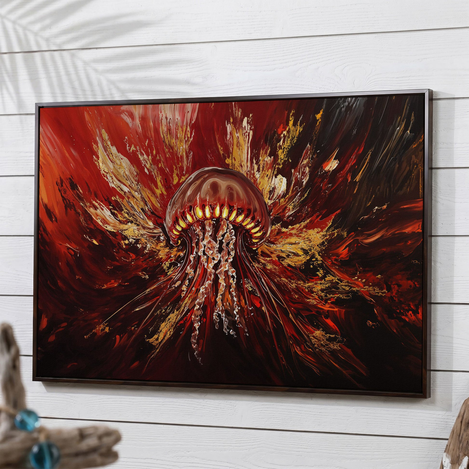 Abstract Jellyfish Canvas Art in Red and Gold in dark walnut floating frame