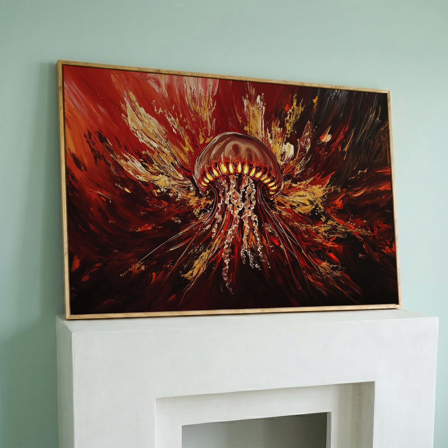 Abstract Jellyfish Canvas Art in Red and Gold in white oak floating frame