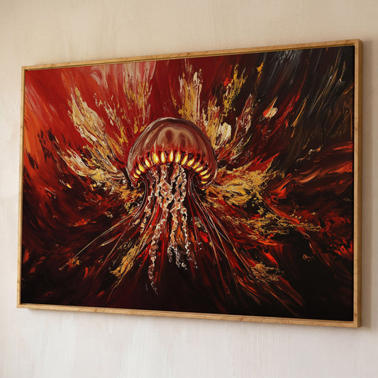 Abstract Jellyfish Canvas Art in Red and Gold shown in white oak floating frame
