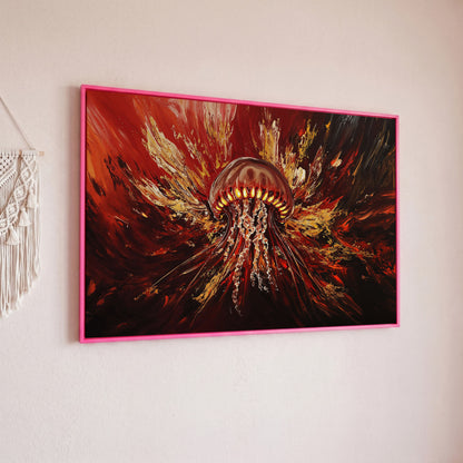 Abstract Jellyfish Canvas Art in Red and Gold in pink floating frame
