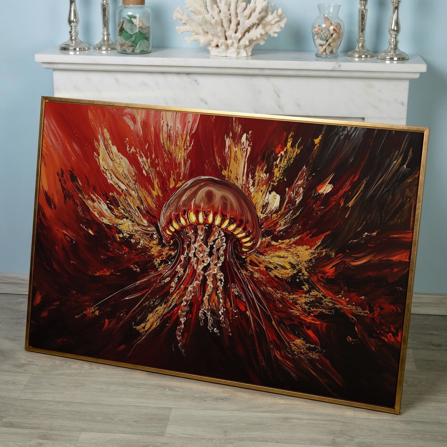 Abstract Jellyfish Canvas Art in Red and Gold in rose gold floating frame