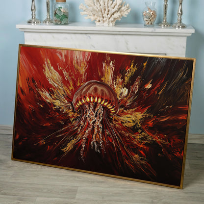 Abstract Jellyfish Canvas Art in Red and Gold in rose gold floating frame
