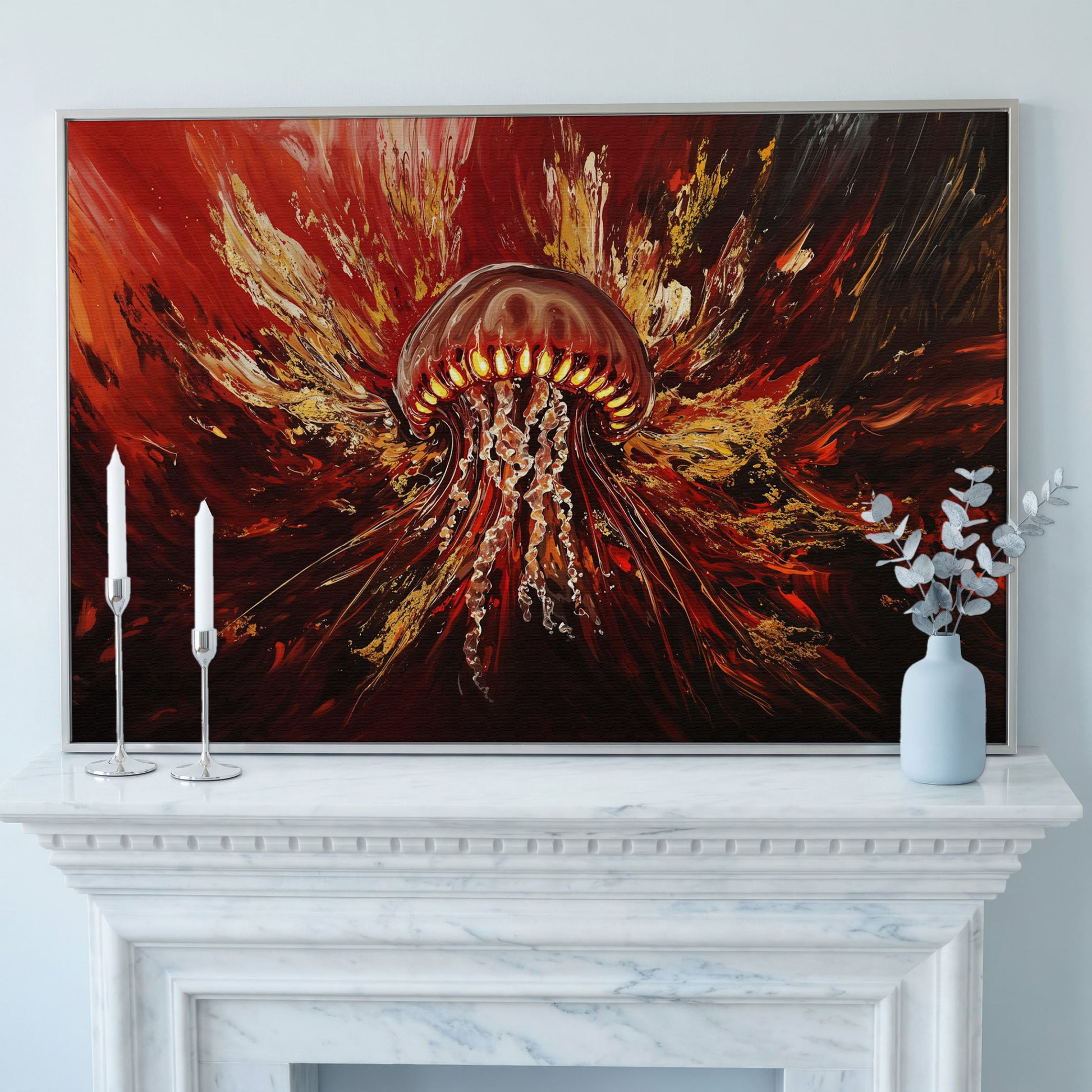 Abstract Jellyfish Canvas Art in Red and Gold in silver floating frame