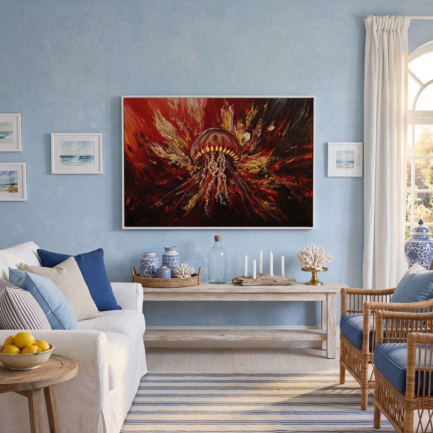 Abstract Jellyfish Canvas Art in Red and Gold in white floating frame