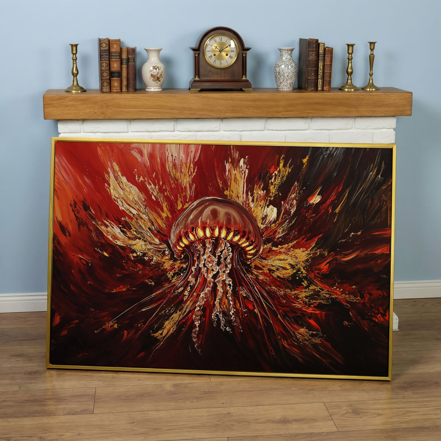 Abstract Jellyfish Canvas Art in Red and Gold in yellow gold floating frame
