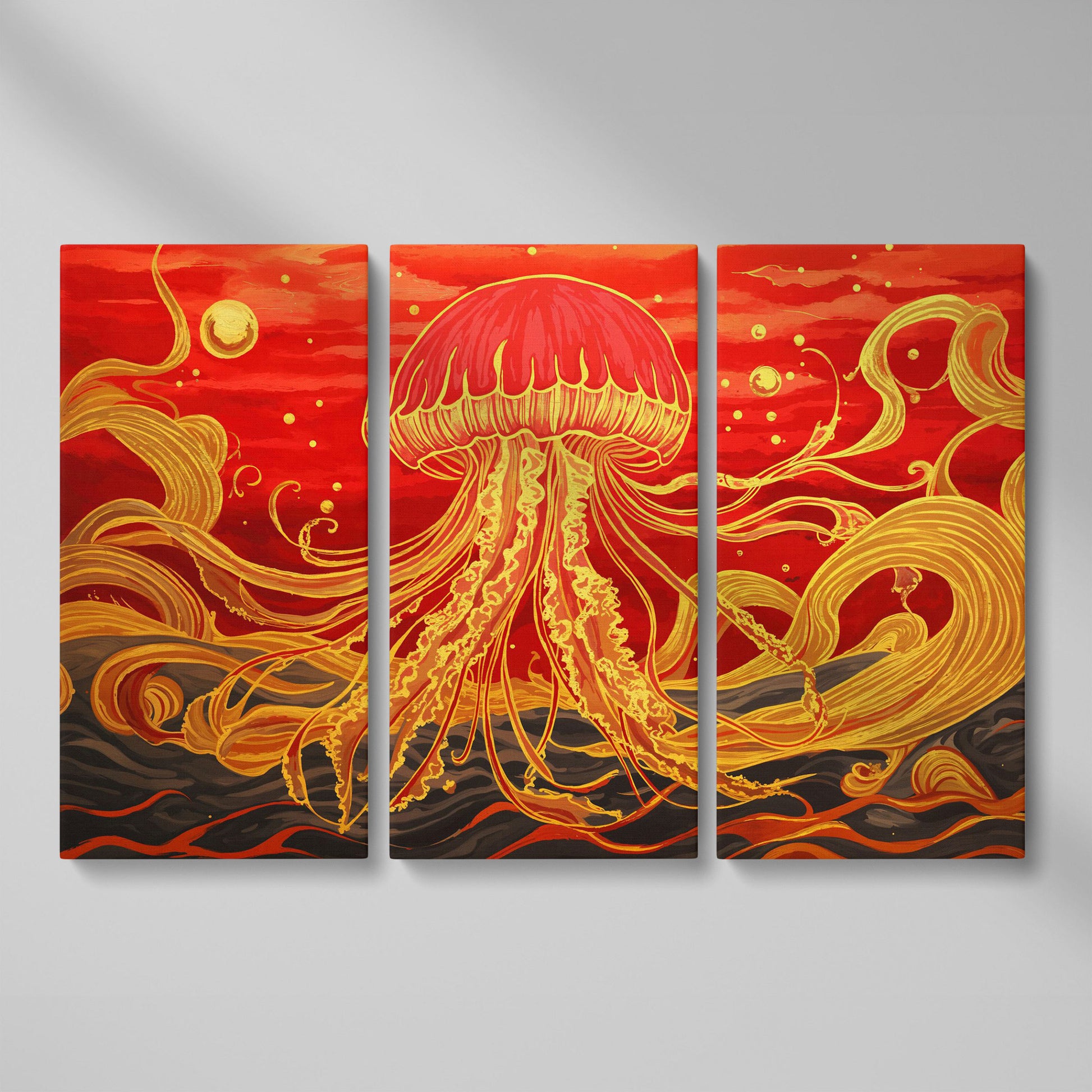Abstract Jellyfish Canvas Art, Red and Yellow Marine Wall Art as 3-panel split version