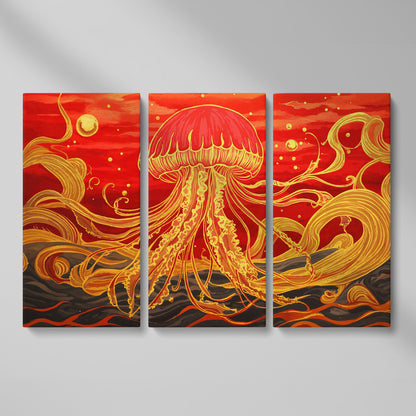 Abstract Jellyfish Canvas Art, Red and Yellow Marine Wall Art as 3-panel split version