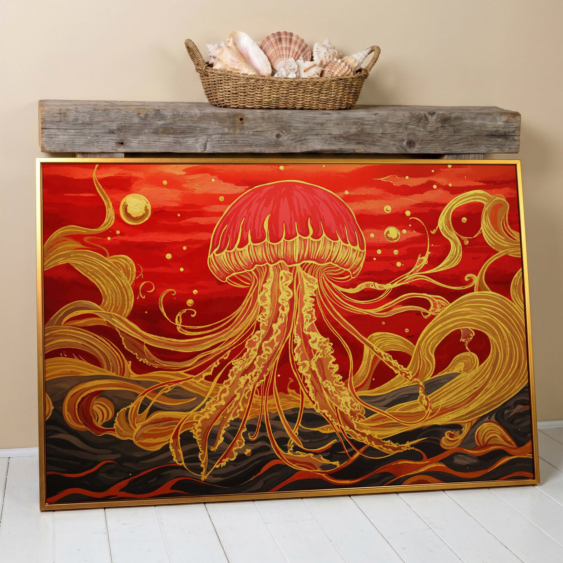 Abstract Jellyfish Canvas Art, Red and Yellow Marine Wall Art in antique gold floating frame
