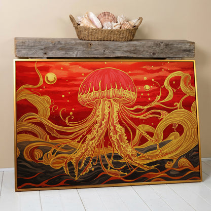 Abstract Jellyfish Canvas Art, Red and Yellow Marine Wall Art in antique gold floating frame