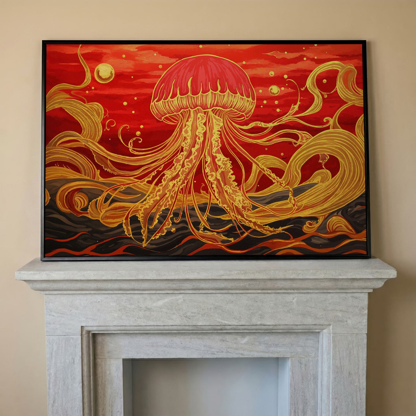 Abstract Jellyfish Canvas Art, Red and Yellow Marine Wall Art in black floating frame