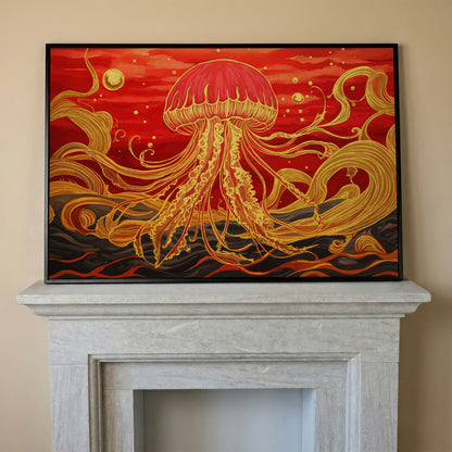 Abstract Jellyfish Canvas Art, Red and Yellow Marine Wall Art in black floating frame