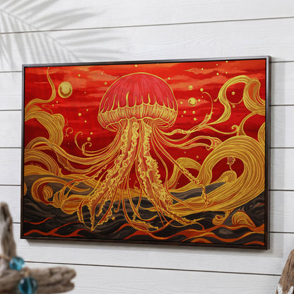 Abstract Jellyfish Canvas Art, Red and Yellow Marine Wall Art in dark walnut floating frame