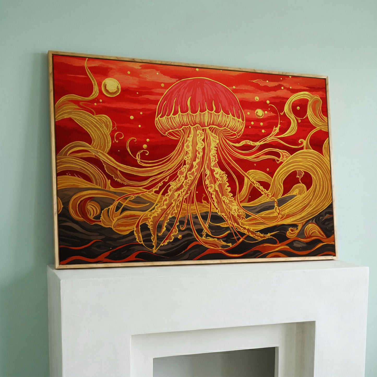 Abstract Jellyfish Canvas Art, Red and Yellow Marine Wall Art in white oak floating frame