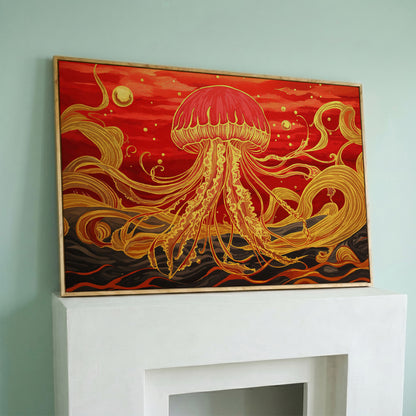 Abstract Jellyfish Canvas Art, Red and Yellow Marine Wall Art in white oak floating frame