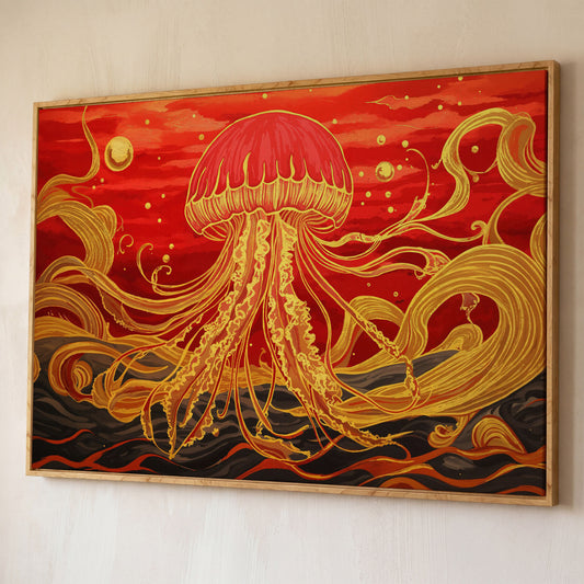 Abstract Jellyfish Canvas Art, Red and Yellow Marine Wall Art shown in white oak floating frame