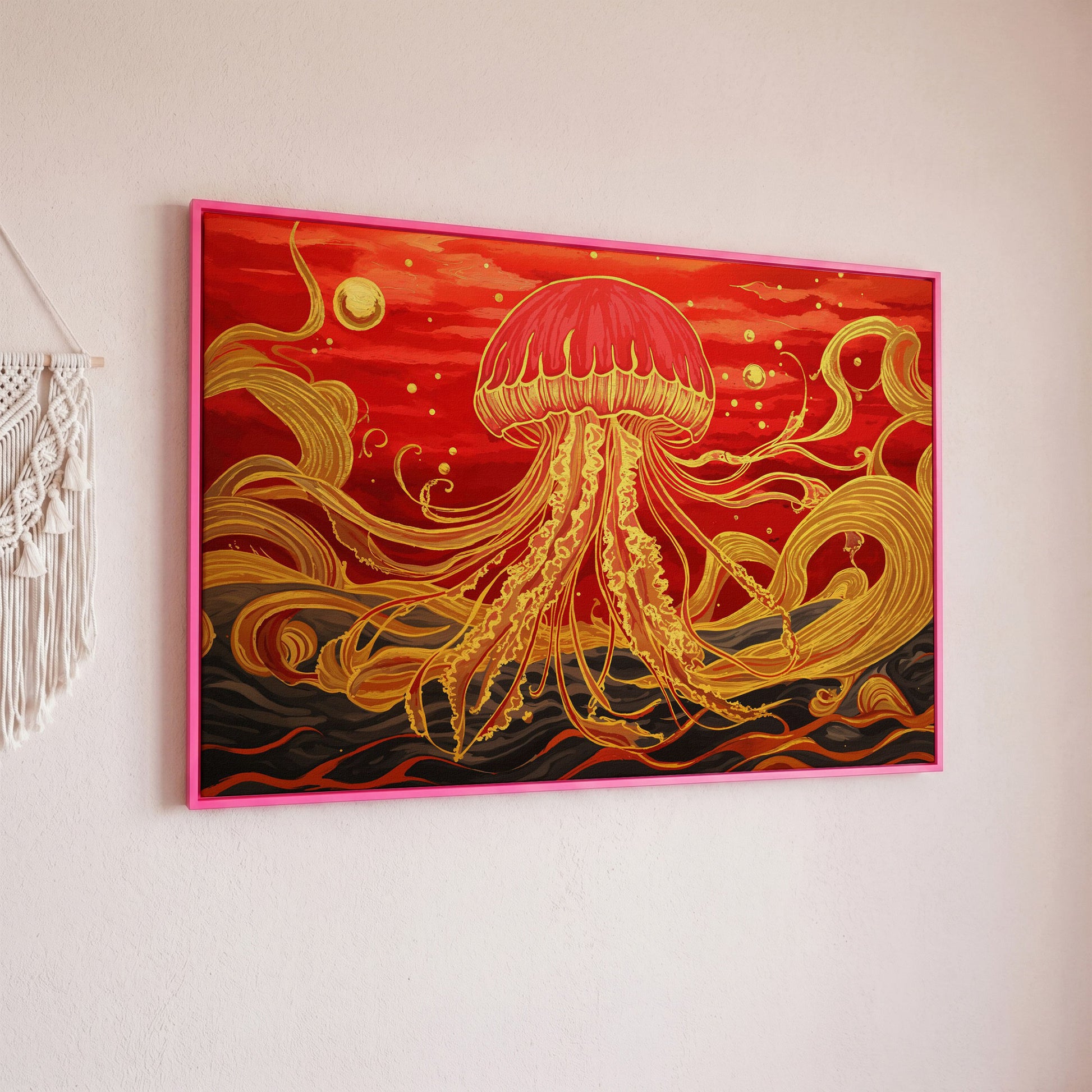 Abstract Jellyfish Canvas Art, Red and Yellow Marine Wall Art in pink floating frame