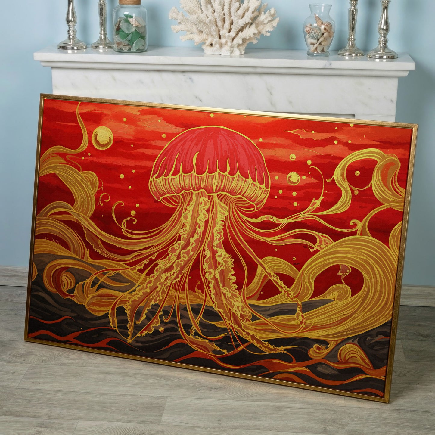 Abstract Jellyfish Canvas Art, Red and Yellow Marine Wall Art in rose gold floating frame