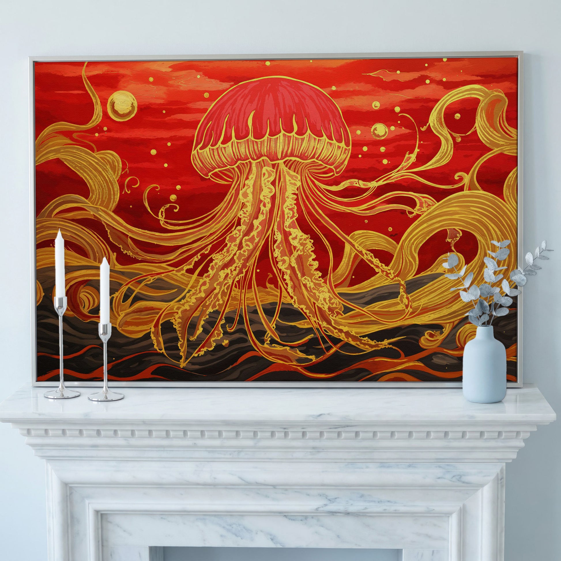 Abstract Jellyfish Canvas Art, Red and Yellow Marine Wall Art in silver floating frame