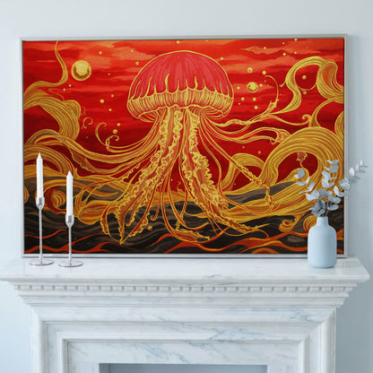 Abstract Jellyfish Canvas Art, Red and Yellow Marine Wall Art in silver floating frame