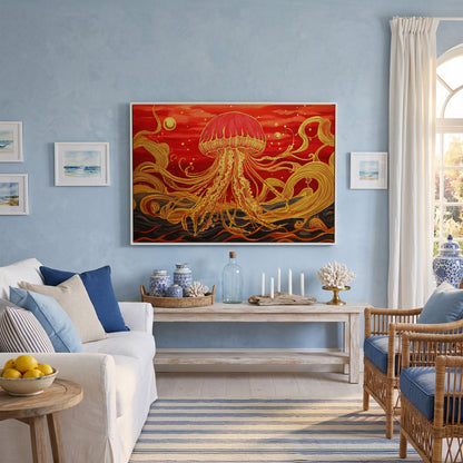 Abstract Jellyfish Canvas Art, Red and Yellow Marine Wall Art in white floating frame