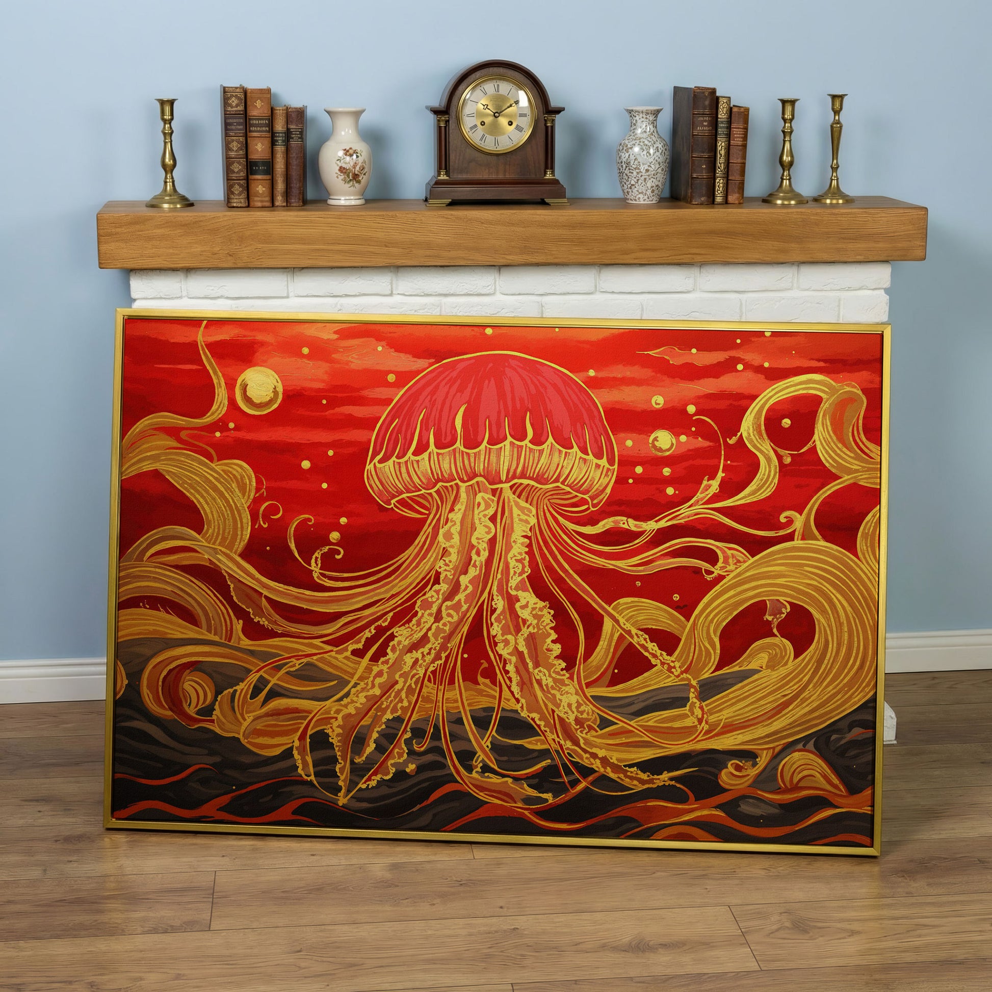 Abstract Jellyfish Canvas Art, Red and Yellow Marine Wall Art in yellow gold floating frame