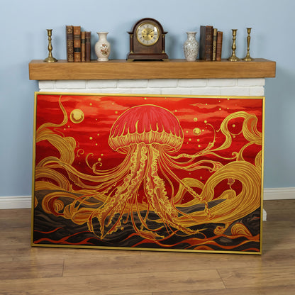 Abstract Jellyfish Canvas Art, Red and Yellow Marine Wall Art in yellow gold floating frame