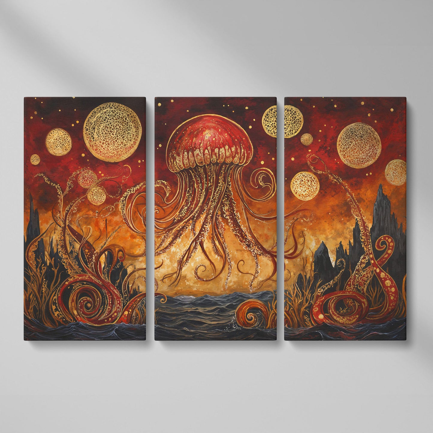 Surreal Jellyfish Above a Golden Seascape Canvas Print as 3-panel split version