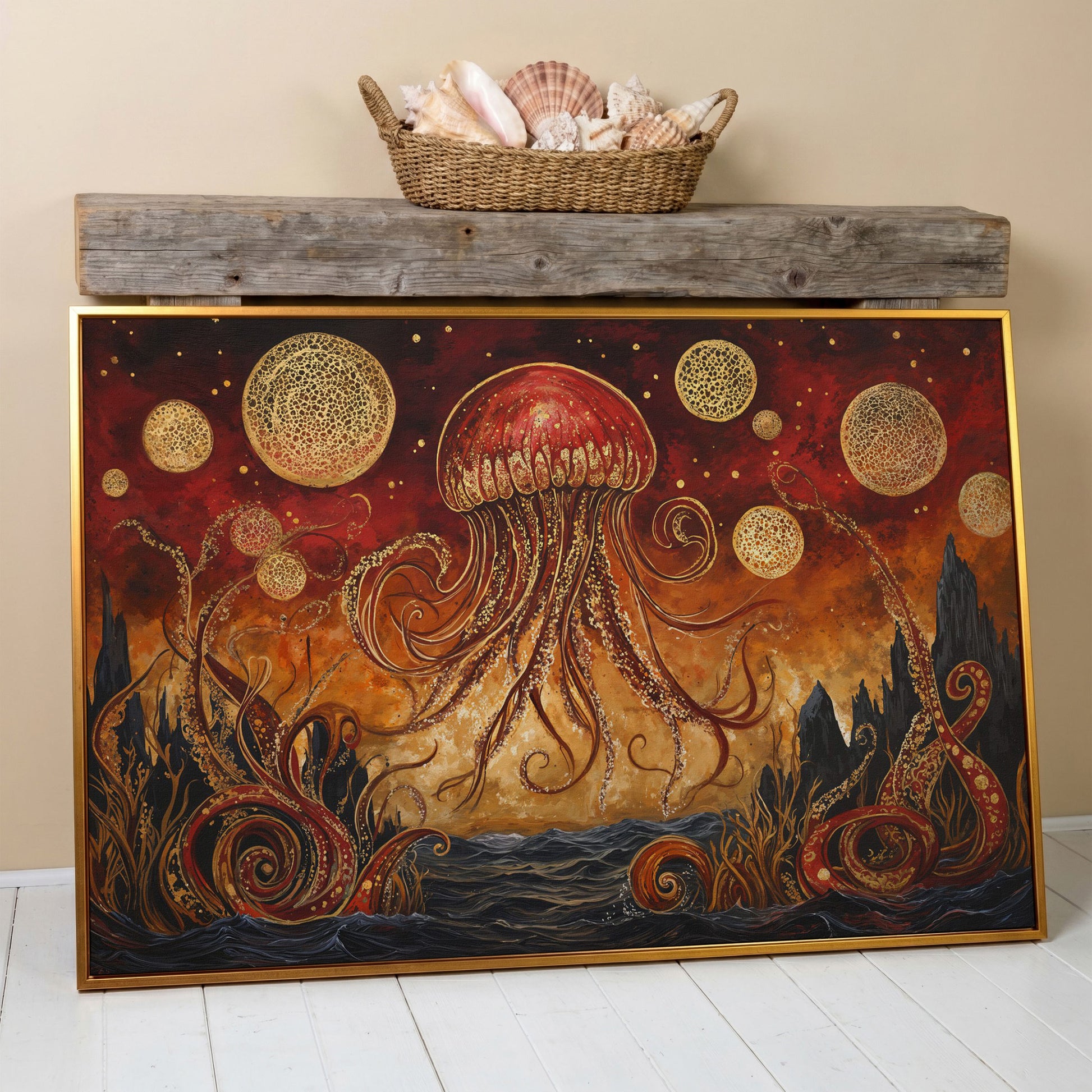 Surreal Jellyfish Above a Golden Seascape Canvas Print in antique gold floating frame