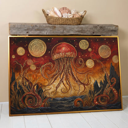 Surreal Jellyfish Above a Golden Seascape Canvas Print in antique gold floating frame