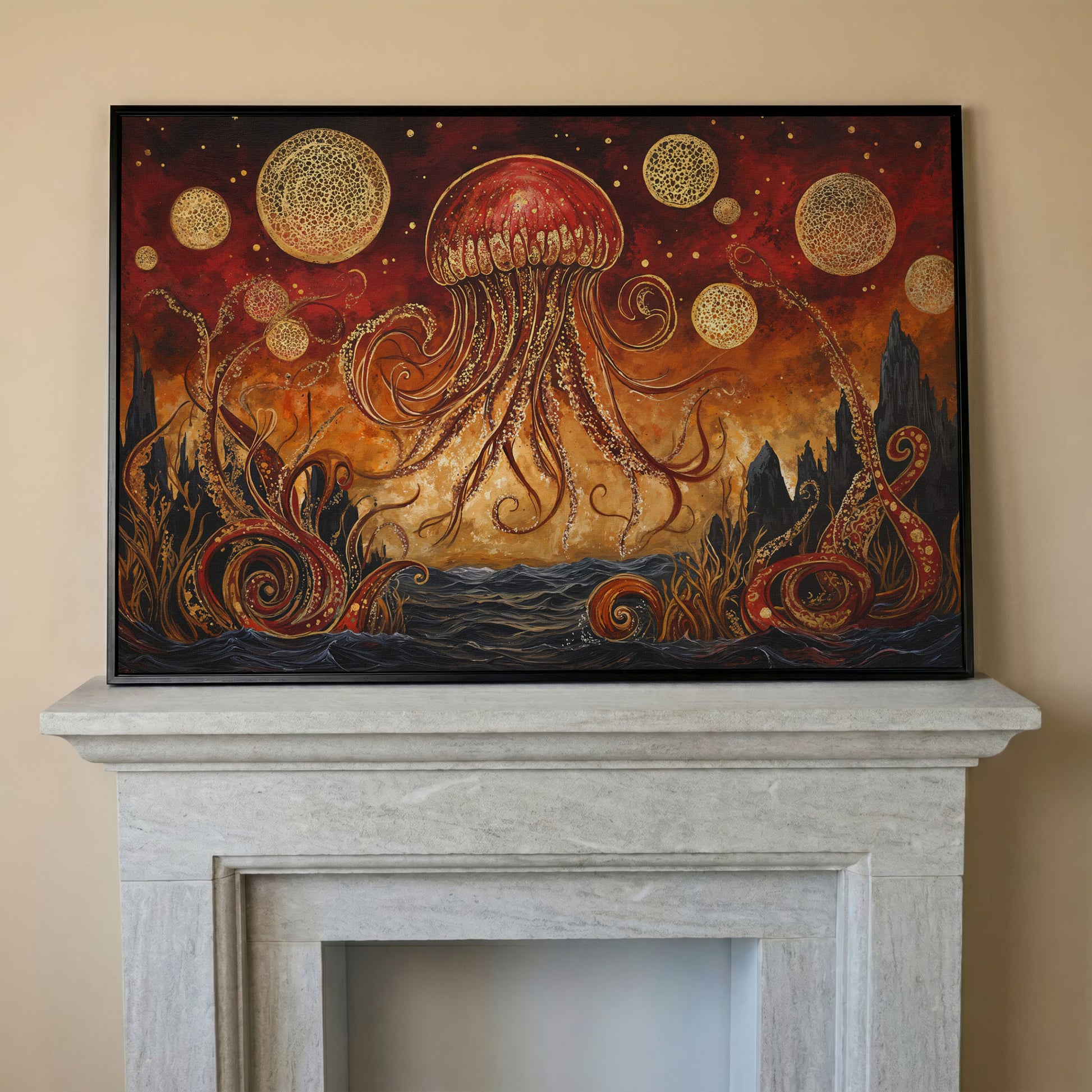 Surreal Jellyfish Above a Golden Seascape Canvas Print in black floating frame