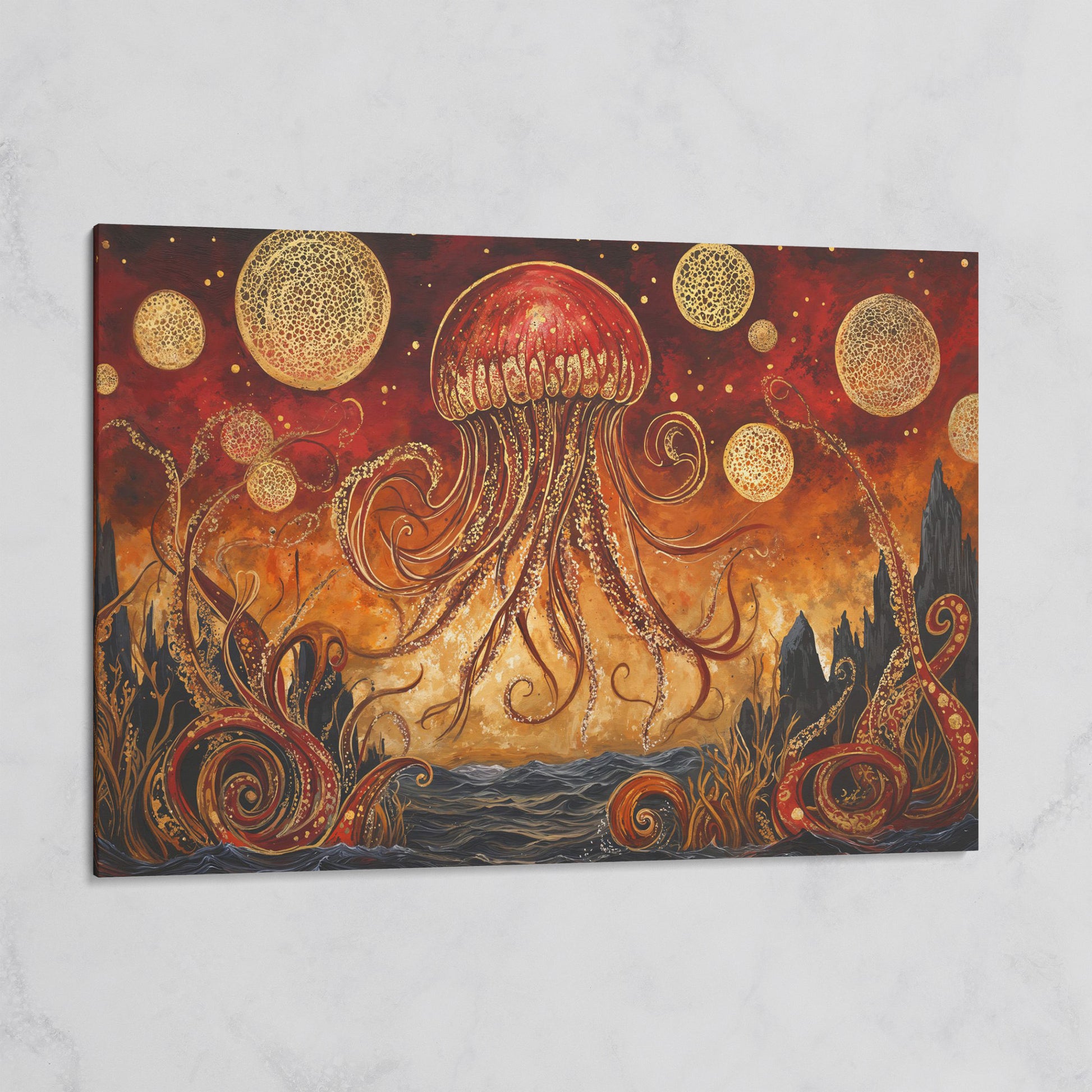 Surreal Jellyfish Above a Golden Seascape Canvas Print on gallery wrap
