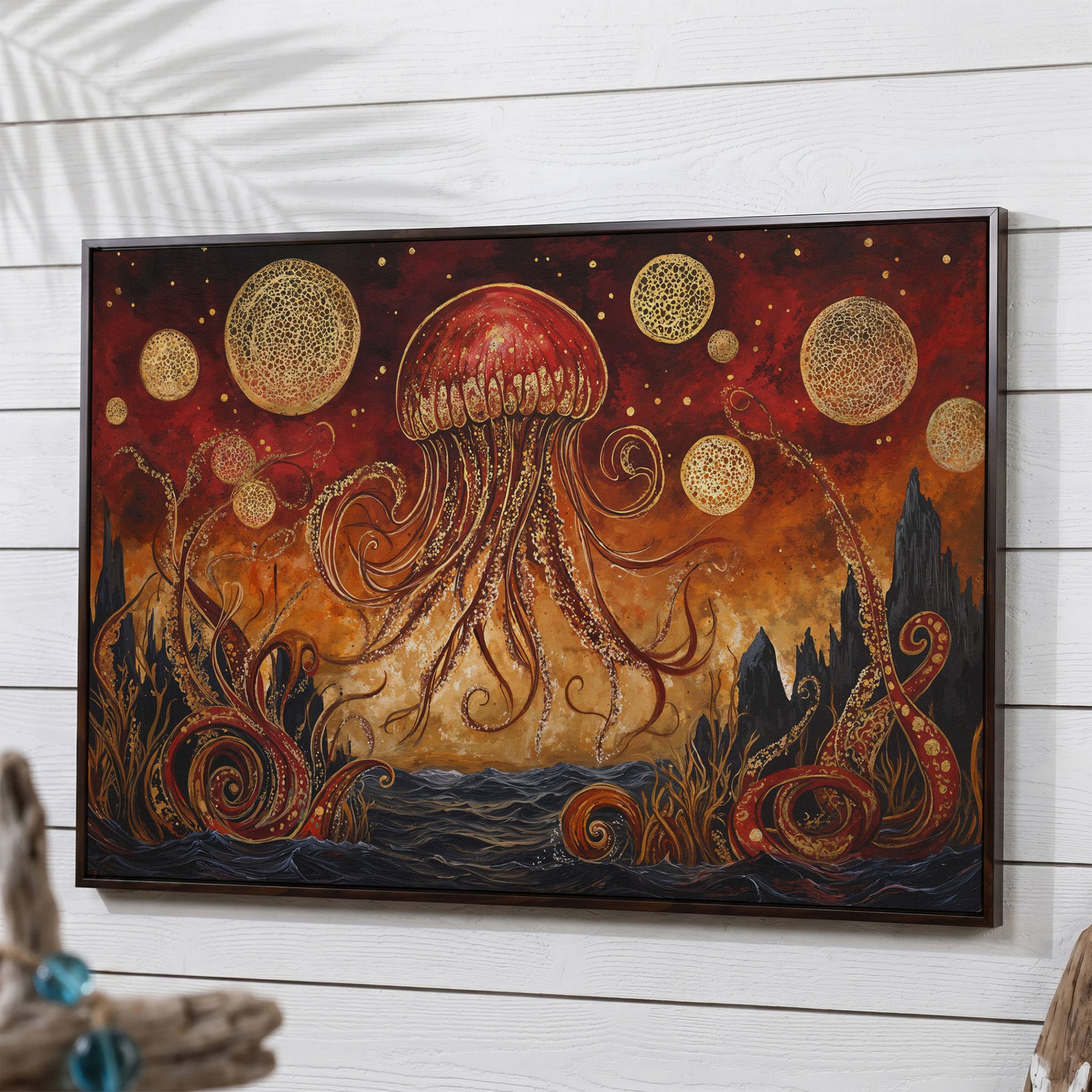Surreal Jellyfish Above a Golden Seascape Canvas Print in dark walnut floating frame