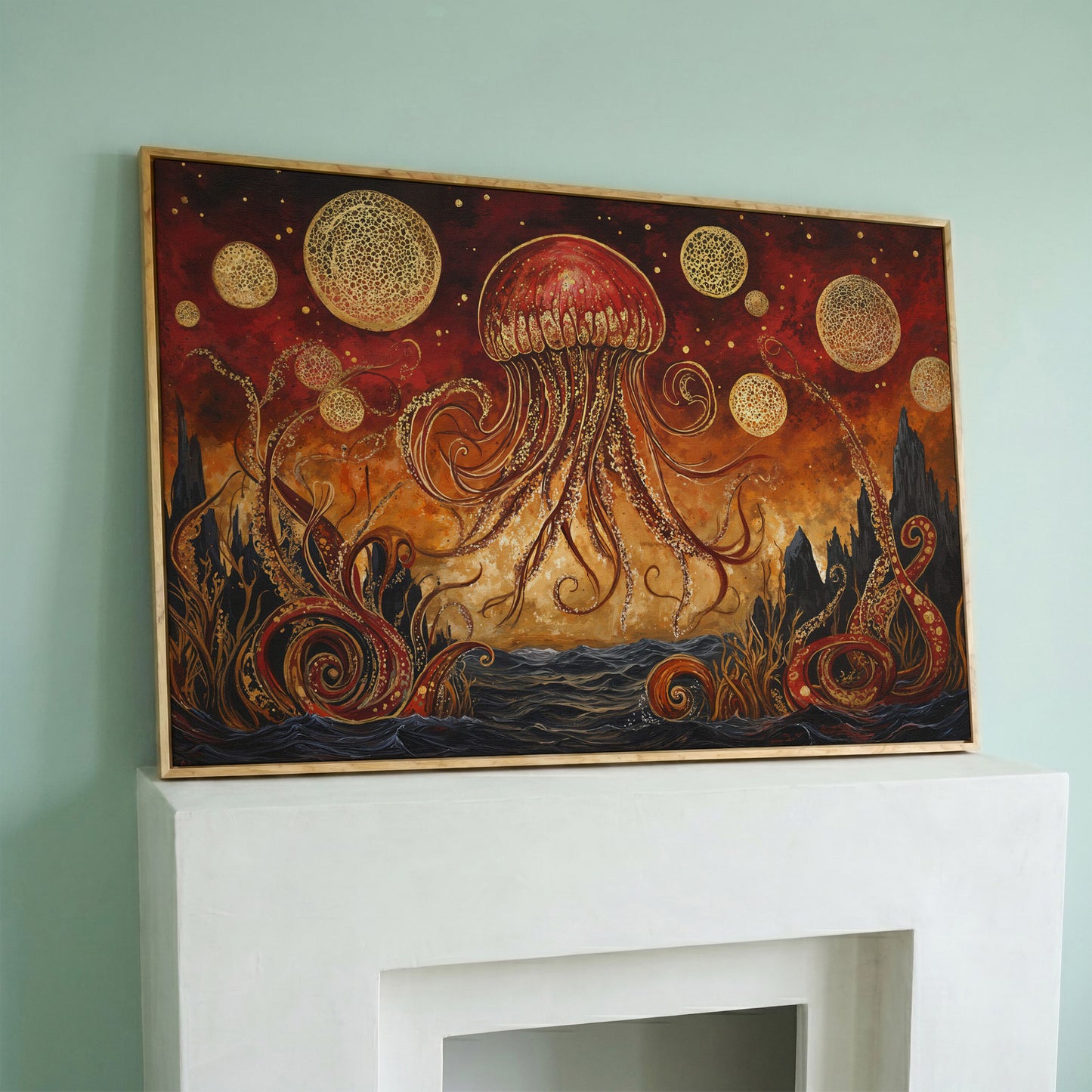 Surreal Jellyfish Above a Golden Seascape Canvas Print in white oak floating frame