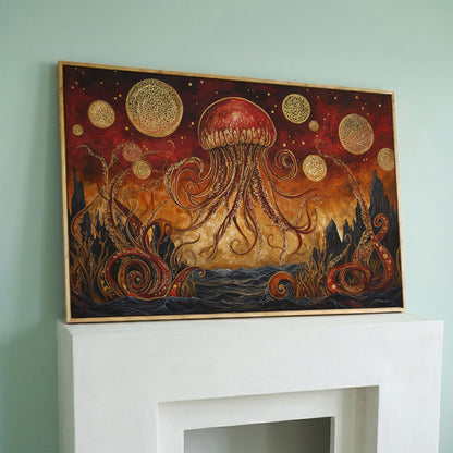 Surreal Jellyfish Above a Golden Seascape Canvas Print in white oak floating frame