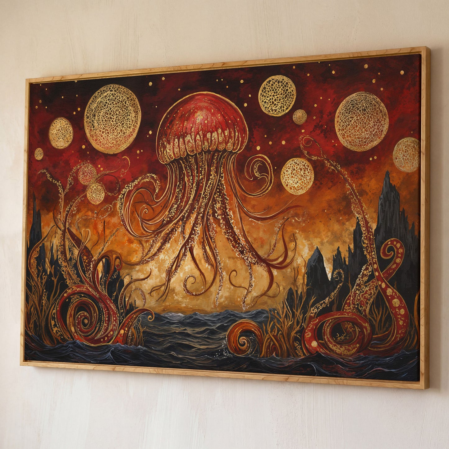 Surreal Jellyfish Above a Golden Seascape Canvas Print shown in white oak floating frame