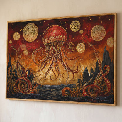 Surreal Jellyfish Above a Golden Seascape Canvas Print shown in white oak floating frame