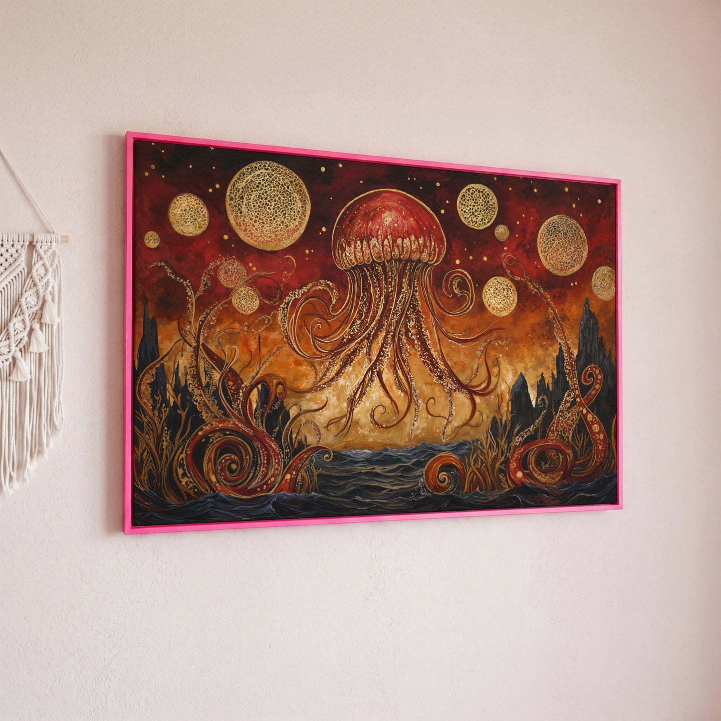 Surreal Jellyfish Above a Golden Seascape Canvas Print in pink floating frame